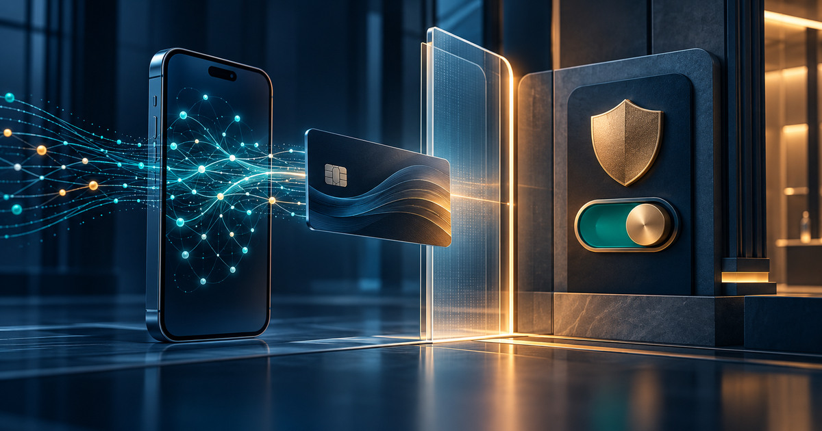 A payment card pauses at a secure approval boundary between an AI interface and a human-controlled authorization switch
