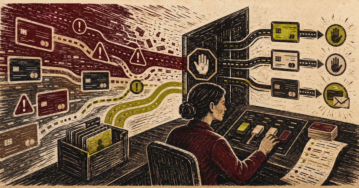 Linocut illustration of a fraud analyst directing suspicious card signals through response controls
