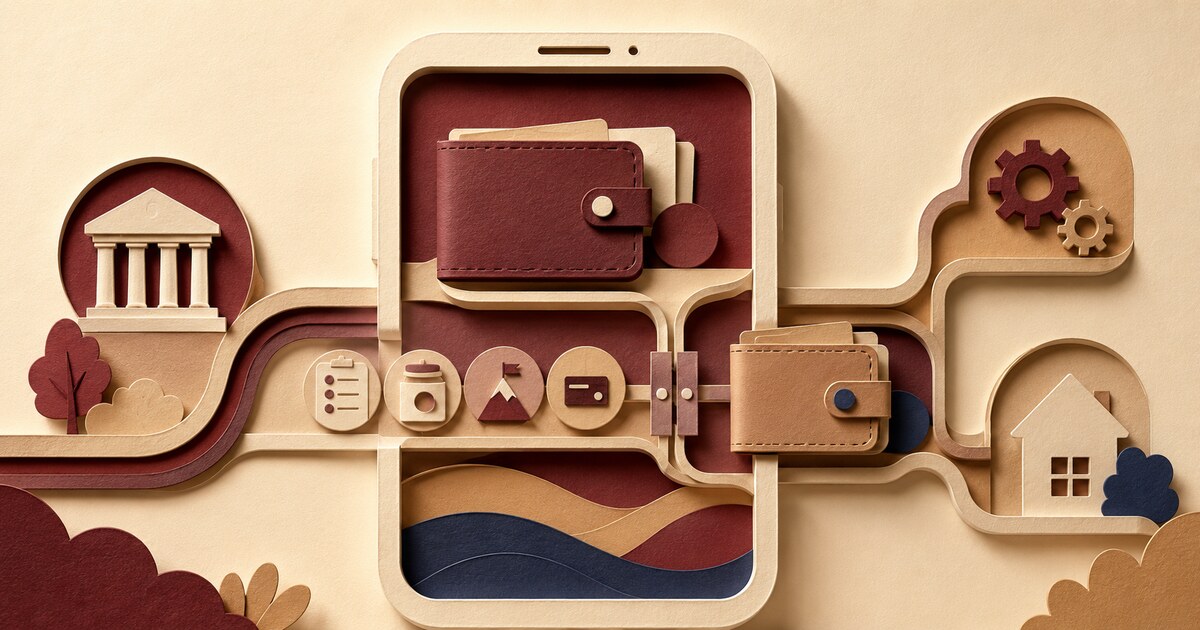 Layered paper illustration of family wallets and money-management tools connected through a mobile credit-union service